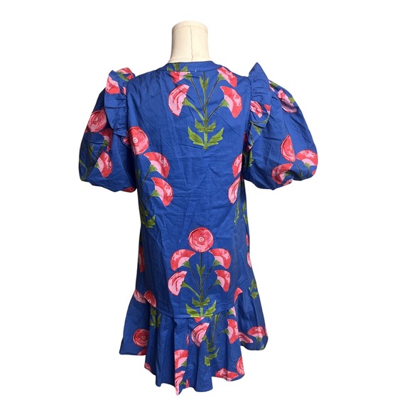 Entro Blue Pink Floral Puff Sleeve Ruffle Drop Waist Mini Dress S Cottagecore - Picture 4 of 15